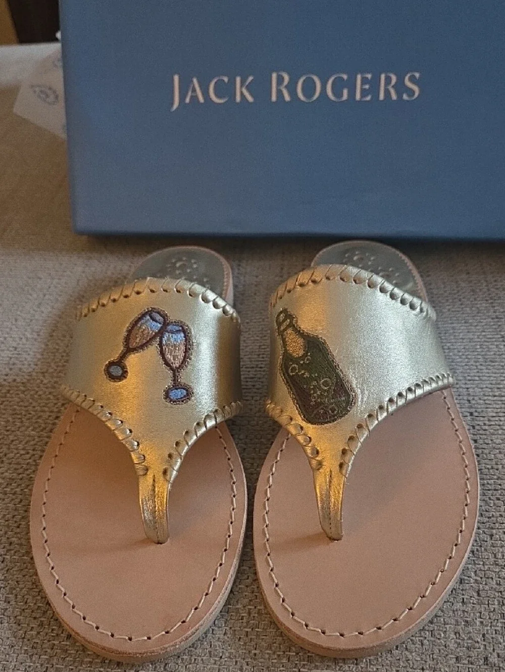 Jack Rogers Metallic Gold Embroidered Champagne Thong Sandals